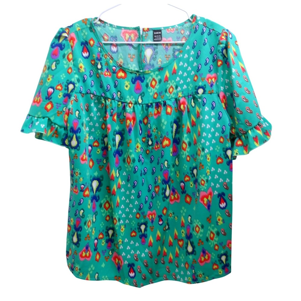 Shein Curve Green‎ Abstract Print Ruffle Sleeve Babydoll Blouse L / #26635